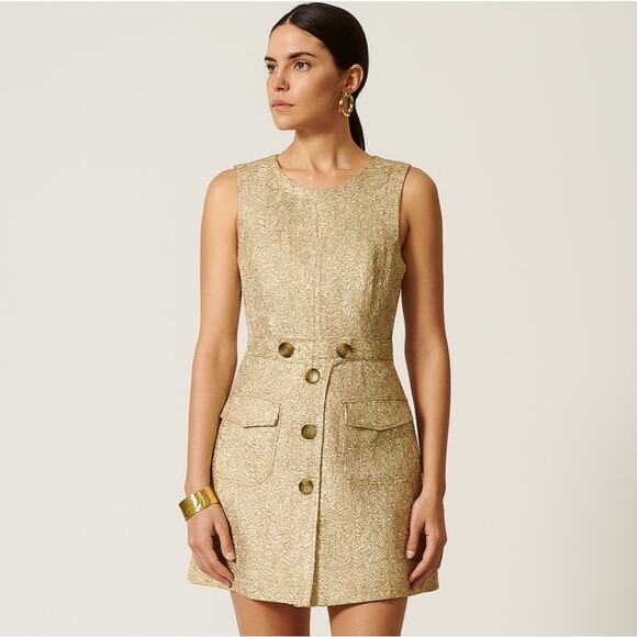RED VALENTINO Lame Jacquard Gold Metallic Sheath Dress Sz 38 / US 8 {3Z38} - Picture 1 of 6